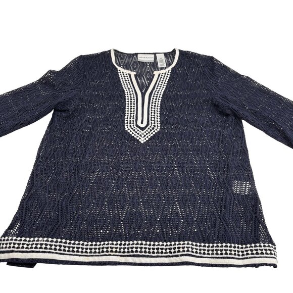 Alfred Dunner Petite Navy Crochet Tunic Top PM 3/4 Sleeves Pullover - Picture 1 of 4